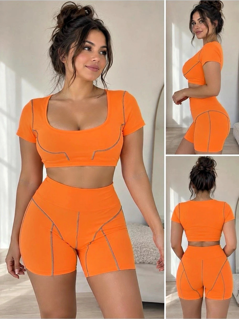 Orange Crop Top & Bike Shorts Set